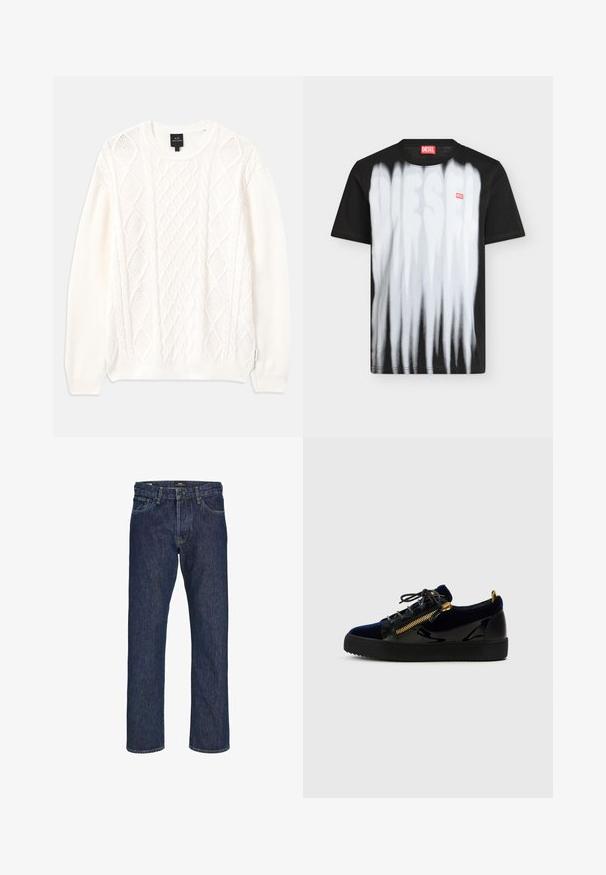 Pull en maille torsadée blanche avec un col rond, présentant des motifs en losanges, des poignets et un ourlet côtelés. Confectionné dans un tissu doux et texturé.; T-shirt Diesel noir à manches courtes avec des rayures blanches verticales et un grand logo Diesel flou sur le devant, plus une petite étiquette rouge Diesel sur la poitrine.; Jean en denim bleu foncé avec une coupe droite, un design à cinq poches et une fermeture à boutons. Présente des coutures discrètes et une finition classique.; Baskets en velours bleu marine et cuir verni noir avec une semelle noire épaisse, ornées d'un détail de fermeture éclair dorée et d'un laçage à l'avant.
