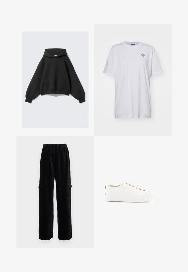 Zwarte capuchontrui met een losse pasvorm, lange mouwen en een zak aan de voorkant. Gemaakt van zacht stof met een gladde textuur.; Witte katoenen t-shirt met korte mouwen, ronde hals en een blauw smiley logo op de linkerkant van de borst. Effen stof zonder patronen.; Zwarte corduroy cargobroek met een wijde pijpdesign, voorzien van een elastische tailleband en twee zijzakken. Verticaal ribbelstructuur over de gehele broek.; Witte sneaker met een bovenwerk van gestructureerd leer, ronde neus, gouden oogjes en een witte rubberen zool. De achterkant heeft een bruine accentdetail.