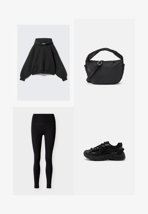 Black hooded sweatshirt with a loose fit, long sleeves, and a front pocket. Made from soft fabric with a smooth texture.; Black leggings made of stretchy fabric, featuring a high waistband and form-fitting design. Smooth texture, no patterns or embellishments.; Black athletic sneaker with mesh and glossy details, thick cushioned sole, and lace-up closure viewed from the side on a white background.; Black fabric shoulder bag with a twisted handle, a detachable strap, and a zippered top closure. Smooth texture and minimalist design.