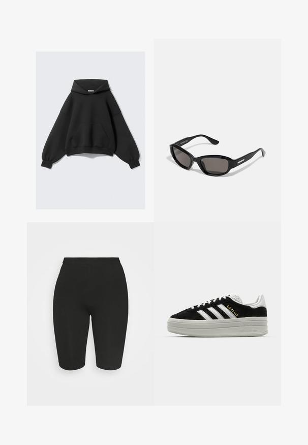 Sort hættetrøje med løs pasform, lange ærmer og en forlomme. Fremstillet af blødt stof med en glat tekstur.; Sorte cykelshorts med en tætsiddende design, elastisk talje og glat tekstur. Længden falder over knæet. Ingen synlige mønstre eller udsmykninger.; Sort ruskind sneaker med hvide læderdetaljer, tre hvide striber, flade snørebånd og en tyk grå platformsål. Guldfarvet "Gazelle" branding.; Sorte solbriller med rektangulært stel, mørke linser, glat plastmateriale og en metalaccent på templet.