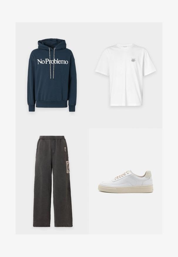 Navyblauwe hoodie met de tekst "No Problemo" in het wit, voorzien van een trekkoord met zwart-witte patronen en geribbelde manchetten.; Witte t-shirt van katoen met korte mouwen, een ronde hals, en een klein grijs logo op de linker borstzijde. Soepele textuur.; Wijde broekspijpen in donkergrijze stof, met een decoratieve patch op de voorkant van de zak en een elastische tailleband voor comfort.; Witte sneaker met een gevoerd leren bovenwerk, beige veters en een gestructureerde beige suede hieltab. Verhoogde zool voor extra hoogte.