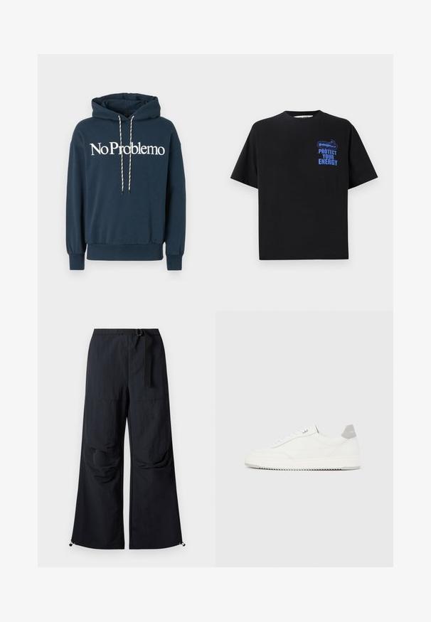Navyblauwe hoodie met de tekst "No Problemo" in het wit, voorzien van een trekkoord met zwart-witte patronen en geribbelde manchetten.; Zwarte katoenen t-shirt met korte mouwen, met blauwe tekst "BESCHERM JE ENERGIE" en een grafisch ontwerp op de bovenste linkerkant.; Zwarte wijde broek van lichtgewicht stof. Voorzien van een riem, twee grote zijzakken en verstelbare zoom met trekkoordsluitingen.; Witte lage sneaker met grijze hielpatch, witte veters en een gestructureerde zool, gepresenteerd op een effen lichte achtergrond.
