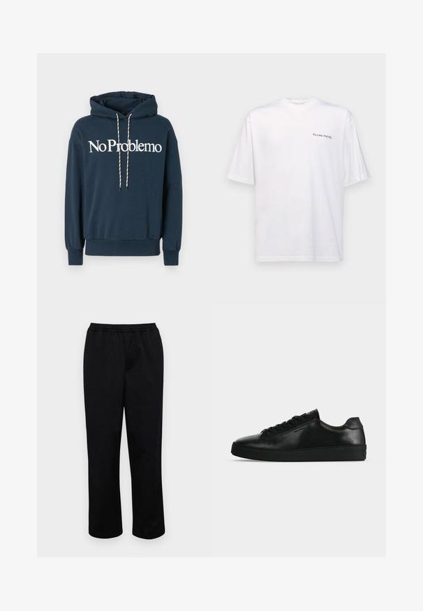 Marineblaues Kapuzensweatshirt mit dem Text "No Problemo" in Weiß, ausgestattet mit einer Kordel mit schwarz-weißen Mustern und gerippten Bündchen.; Weißes kurzärmliges T-Shirt aus Baumwolle mit V-Ausschnitt, mit einem schwarzen "FILLING PIECES" Logo, das auf der linken Seite gedruckt ist.; Schwarze, mittellange Hosen mit elastischem Bund. Aus glattem Stoff gefertigt, mit lockerem Schnitt und ohne sichtbare Taschen oder Verzierungen.; Schwarzer niedriger Ledersneaker mit schwarzen Schnürsenkeln und dicker schwarzer Sohle, von der Seite auf hellgrauem Hintergrund gezeigt.