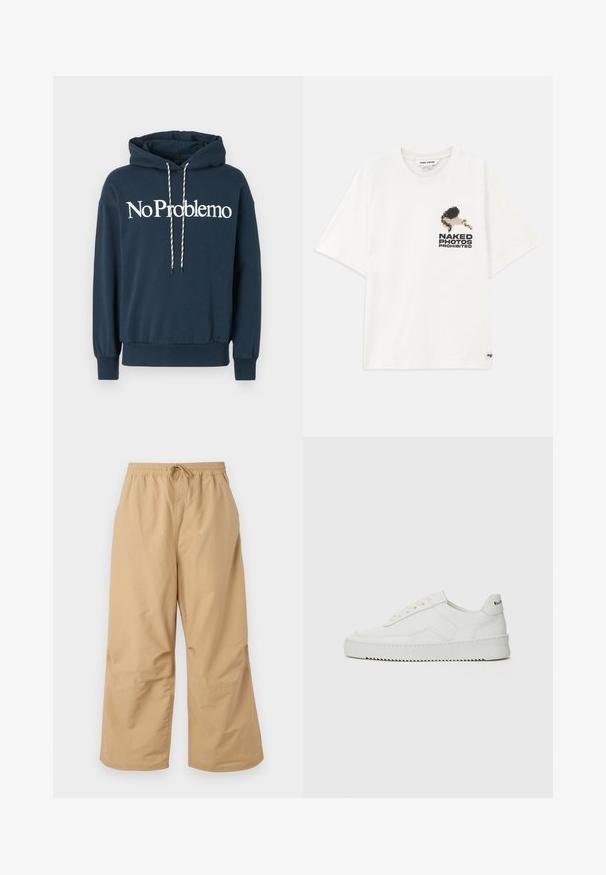 Navyblauwe hoodie met de tekst "No Problemo" in het wit, voorzien van een trekkoord met zwart-witte patronen en geribbelde manchetten.; Witte katoenen t-shirt met een pixelachtige grafiek van een figuur en de tekst "NAKED PHOTOS PROHIBITED" aan de linkerkant. Korte mouwen.; Beige wijde broek gemaakt van lichtgewicht stof, met een elastische tailleband en een trekkoord, en gestikte accenten nabij de zoom.; Witte leren sneaker met een gladde afwerking, ronde neus, platte veters en een gestructureerde zool. Kenmerkt zich door een subtiel logo op de hiel.