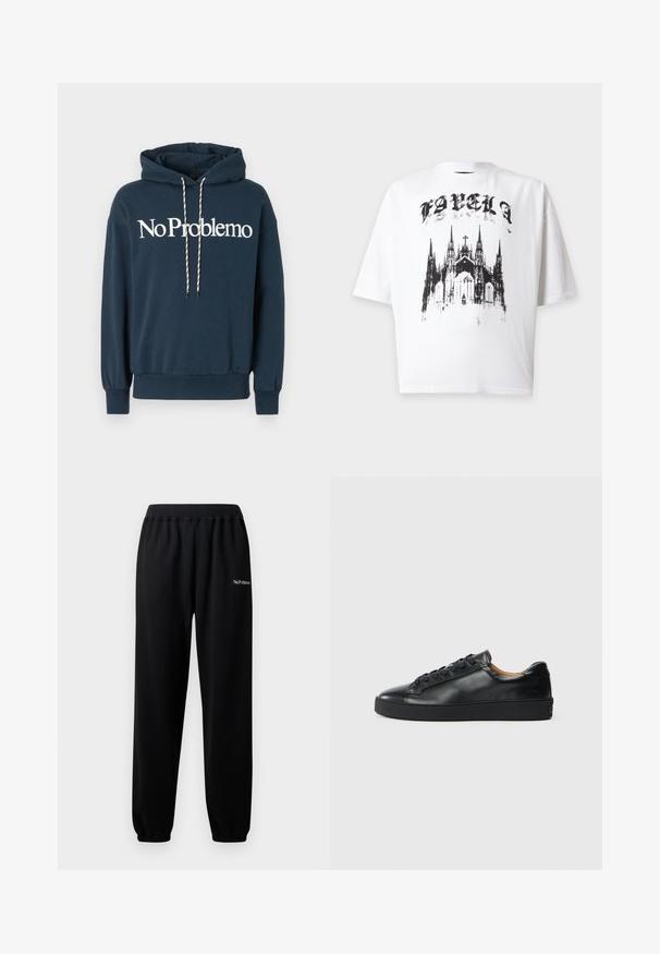 Sweat-shirt à capuche bleu marine avec le texte "No Problemo" en blanc, comportant un cordon de serrage avec des motifs noir et blanc et des poignets côtelés.; T-shirt blanc à manches courtes avec texte noir de style gothique au-dessus d'un graphisme noir détaillé d'une cathédrale avec de hautes flèches et une croix centrale.; Pantalon de survêtement noir en tissu doux, avec une taille et des poignets élastiques. Comprend l'inscription "No Problemo" brodée en blanc sur la jambe gauche.; Baskets en cuir noir avec une texture lisse, bout rond et fermeture à lacets. Comprend une semelle en caoutchouc épaisse et un minimum de détails de marque.