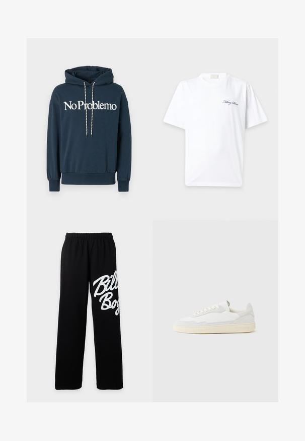 Marineblaues Kapuzensweatshirt mit dem Text "No Problemo" in Weiß, ausgestattet mit einer Kordel mit schwarz-weißen Mustern und gerippten Bündchen.; Weißes T-Shirt mit kurzen Ärmeln und Rundhalsausschnitt mit kleinem schwarzem kursivem Text "Filling Pieces" auf der linken Brust.; Schwarze elastische Jogginghose mit weitem Bein und großem weißen "Billabong"-Schriftzug am rechten Oberschenkel.; Weißer Sneaker mit strukturiertem Obermaterial aus Wildleder und Leder. Verfügt über eine runde Zehenpartie, Schnürverschluss und eine kontrastierende beige Gummisohle.