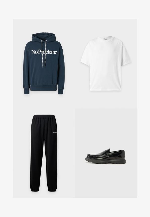 Marineblaues Kapuzensweatshirt mit dem Text "No Problemo" in Weiß, ausgestattet mit einer Kordel mit schwarz-weißen Mustern und gerippten Bündchen.; Schlichtes weißes T-Shirt mit kurzen Ärmeln und Rundhalsausschnitt, flach auf einem hellgrauen Hintergrund liegend.; Schwarze Sweatpants aus weichem Stoff, mit einem elastischen Bund und Bündchen. Mit "No Problemo" in Weiß auf dem linken Bein gestickt.; Schwarze Lederloafer mit glanzendem Finish, abgerundetem Zehenbereich, subtilen Steppnähten und einer dicken Gummisohle für Langlebigkeit.