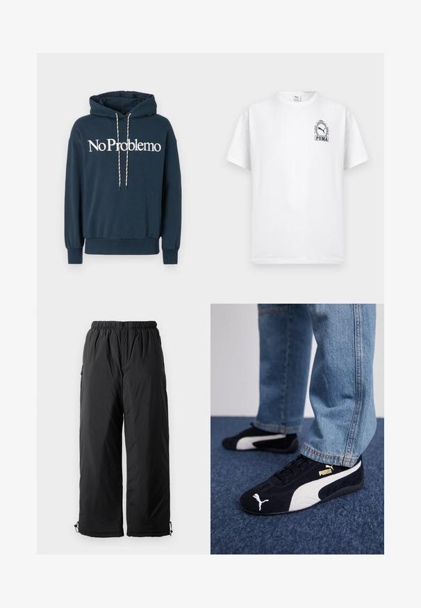 Navyblauwe hoodie met de tekst "No Problemo" in het wit, voorzien van een trekkoord met zwart-witte patronen en geribbelde manchetten.; Wit kortärmelig Puma T-shirt met klein zwart Puma-logo en decoratieve lijst op de linkerborst.; Zwarte geïsoleerde broek met elastische tailleband, voorzien van zijzakken en verstelbare boorden. Glad stof met een iets glanzende afwerking.; Zwarte suède sneakers met witte accenten, voorzien van een gouden logo. Gemaakt met lichtblauwe spijkerbroek en geplaatst op een textuur blauwe ondergrond.