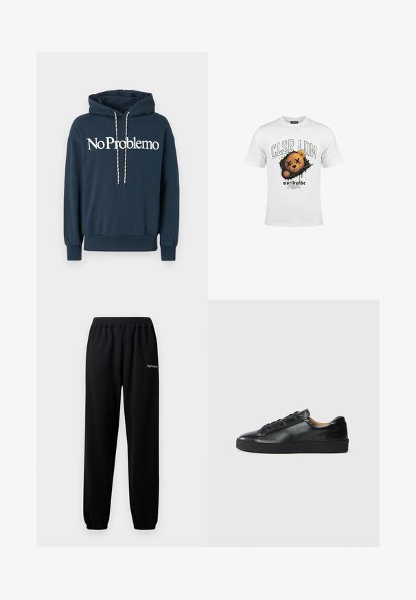 Navyblauwe hoodie met de tekst "No Problemo" in het wit, voorzien van een trekkoord met zwart-witte patronen en geribbelde manchetten.; Wit T-shirt met afbeelding van een teddybeer gezicht met doorgekruiste ogen en tekst met "CLSR LDN" en "worldwide" eronder.; Zwarte sweatpants van zachte stof, met een elastische tailleband en boorden. Inclusief de tekst "No Problemo" in het wit geborduurd op het linkerpant.; Zwarte leren sneaker met een gladde textuur, ronde neus en vetersluiting. Heeft een dikke rubberen zool en minimale merkaanpassing.