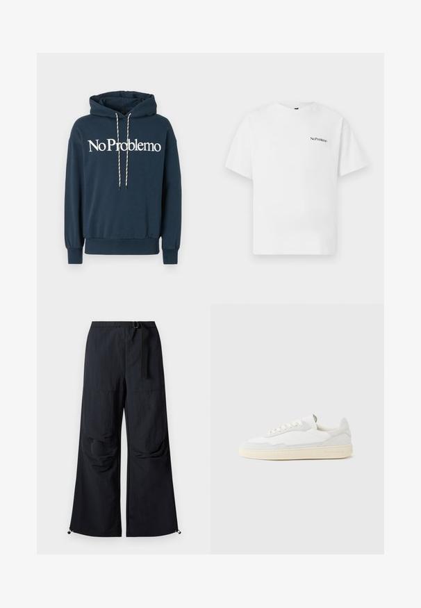 Navyblauwe hoodie met de tekst "No Problemo" in het wit, voorzien van een trekkoord met zwart-witte patronen en geribbelde manchetten.; Witte katoenen t-shirt met korte mouwen, voorzien van een zwart tekstlogo "No Problemo" op de linkerborst. Eenvoudig, recht snit ontwerp.; Zwarte wijde broek van lichtgewicht stof. Voorzien van een riem, twee grote zijzakken en verstelbare zoom met trekkoordsluitingen.; Witte sneaker met een bovenwerk van gestructureerd suède en leer. Voorzien van een afgeronde neus, vetersluiting en een contrasterende beige rubberen zool.