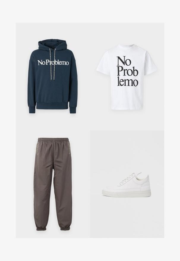Navyblauwe hoodie met de tekst "No Problemo" in het wit, voorzien van een trekkoord met zwart-witte patronen en geribbelde manchetten.; Witte katoenen T-shirt met zwarte tekst "No Problemo" in verschillende lettergroottes. Klassiek crew neck ontwerp met korte mouwen.; Donkergrijze, elastische broek met een relaxte pasvorm. Voorzien van gathered boorden en subtiele borduursels aan de zijkanten. Lichtgewicht stof.; Witte leren sneaker met een afgeronde neus, platte zool en veters aan de voorkant. Voorzien van stikseldetails en een gevoerde kraag voor comfort.