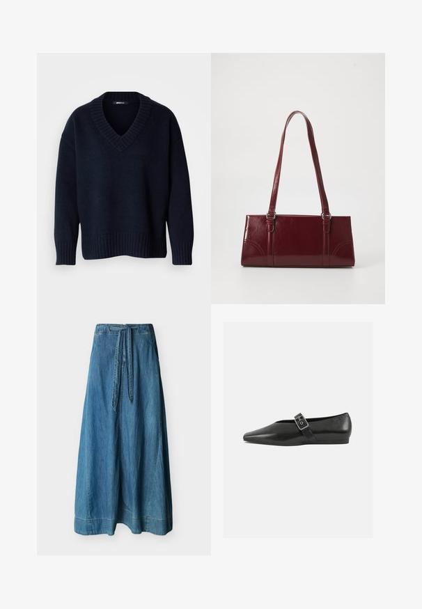 Pull bleu marine foncé à col en V avec manches longues et poignets et ourlet côtelés, présenté sur un fond uni.; Longue jupe en jean bleu avec taille haute et ceinture attachée, suspendue droite sur fond blanc.; Chaussure plate en cuir noir avec un orteil pointu, présentant une sangle à boucle métallique sur le cou-de-pied et une semelle basse et flexible.; Sac à main bordeaux en matériau brillant, de forme rectangulaire, avec deux anses et des accents légèrement courbés à l'avant.