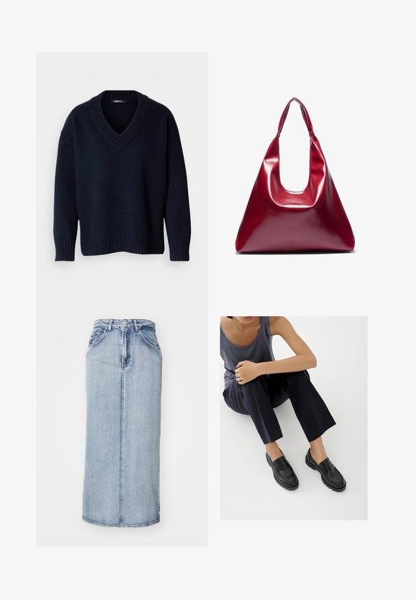 Pull bleu marine foncé à col en V avec manches longues et poignets et ourlet côtelés, présenté sur un fond uni.; Jupe midi en denim bleu clair avec une taille ajustée, une couture frontale et des poches latérales ; présente une texture légèrement délavée.; Mocassins en cuir noir avec accents texturés, talon bas, bout arrondi, et coutures visibles. Modèle portant un pantalon sombre et un haut gris.; Sac à main en cuir laqué rouge de forme triangulaire, avec une large ouverture en haut et une seule anse courbée. Texture lisse avec des détails de couture minimaux.