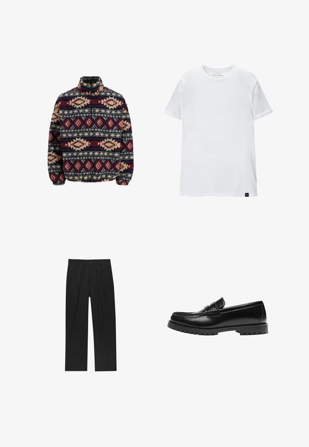 Pull en polaire à demi-zip, arborant des motifs géométriques en marine, bordeaux et beige, avec des poignets élastiques et un col montant.; T-shirt ajusté blanc en coton. Col rond, manches courtes, texture lisse. Petite étiquette noire au bas. Design sobre.; Pantalons noirs au design droit, fabriqués à partir d'un tissu lisse. Dotés de plis sur le devant et d'une fermeture à un bouton à la taille.; Mocassin en cuir noir avec une semelle en caoutchouc épaisse et un détail classique de bride à monnaie, vu de côté extérieur.