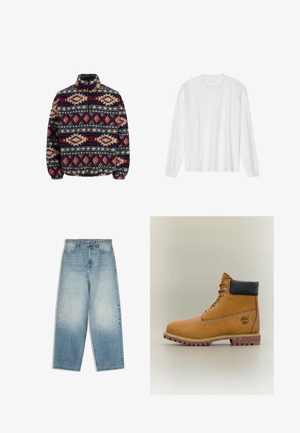 Pull en polaire à demi-zip, arborant des motifs géométriques en marine, bordeaux et beige, avec des poignets élastiques et un col montant.; T-shirt blanc en coton à manches longues avec col rond, doté de poignets côtelés et d'un ourlet droit, texture lisse et design minimaliste.; Jean bleu clair taille haute à jambes larges avec un délavé, fermeture frontale à boutons, et design à cinq poches.; Bottine en cuir marron avec col noir, lacets jaunes et semelle beige. Présente un logo et des détails de couture blanche. Semelle extérieure à traction robuste.