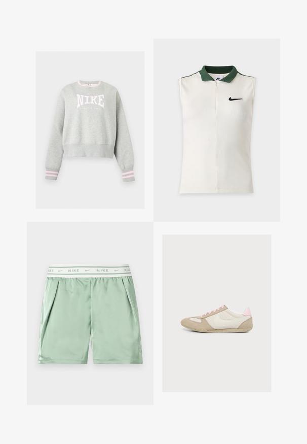 Ανοιχτό γκρι φούτερ Nike με ροζ και λευκό λογότυπο, ριμπ μανσέτες με ροζ ρίγες και ριμπ στρογγυλή λαιμόκοψη.; Λευκό αμάνικο τοπ Nike με ραβδωτή υφή, σκούρο πράσινο γιακά, φερμουάρ στο μισό μήκος και μαύρο λογότυπο Nike στο στήθος.; Ανοιχτό πράσινα αθλητικά σορτς Nike με λευκή ελαστική μέση που διαθέτει επαναλαμβανόμενα λογότυπα Nike και πλαϊνές τσέπες.; Μπεζ και λευκό παπούτσι χαμηλού προφίλ με ροζ κορδόνια και λεπτομέρεια στη φτέρνα, με το λευκό λογότυπο Nike στο πλάι.