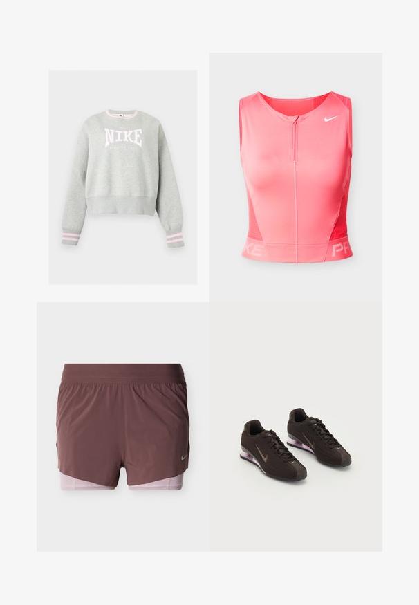 Ανοιχτό γκρι φούτερ Nike με ροζ και λευκό λογότυπο, ριμπ μανσέτες με ροζ ρίγες και ριμπ στρογγυλή λαιμόκοψη.; Ροζ αθλητικό cropped τοπ Nike με στρογγυλή λαιμόκοψη, φερμουάρ μπροστά και λεπτομέρειες από δίχτυ στα πλαϊνά. Διαθέτει το λογότυπο Nike και τη λέξη «PRKE» στο τελείωμα.; Σορτς σε βαθύ μωβ χρώμα με ελαφρύ σχέδιο, που διαθέτουν φαρδύ ζωνάρι μέσης και ροζ εσωτερική επένδυση. Περιλαμβάνει μια μικρή λεπτομέρεια λογότυπου στο πλάι.; Μαύρα αθλητικά παπούτσια με υφή στο πάνω μέρος, καφέ λεπτομέρειες και μωβ σόλα με αερόστρωση. Σχέδιο με κορδόνια και έντονη σήμανση.