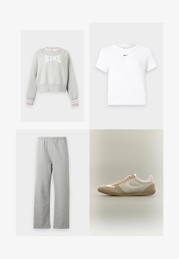 Ανοιχτό γκρι φούτερ Nike με ροζ και λευκό λογότυπο, ριμπ μανσέτες με ροζ ρίγες και ριμπ στρογγυλή λαιμόκοψη.; Λευκό κοντομάνικο cropped T-shirt της Nike με μικρό μαύρο λογότυπο Nike Swoosh στο κέντρο κάτω από τη λαιμόκοψη.; Ανοιχτό γκρι φόρμα με ελαστική μέση και μικρό λευκό λογότυπο Nike στο πάνω μέρος του μηρού, εμφανίζεται επίπεδη σε λευκό φόντο.; Χαμηλού προφίλ μπεζ και λευκό αθλητικό παπούτσι με ροζ κορδόνια και έμφαση στη φτέρνα, που δείχνει το λογότυπο της Nike στο πλάι σε μονόχρωμο φόντο.