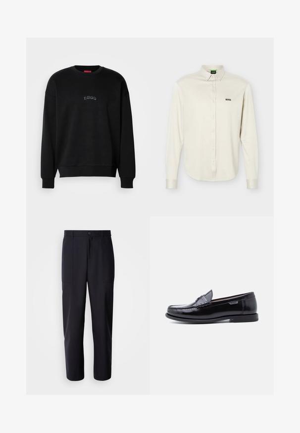 Sort langærmet sweatshirt med rund hals, med små centrerede "hugo"-tekst i lys blå på brystet, ribbede manchetter og kant.; Hvid, langærmet, knappet skjorte med krave, sort "BOSS" logo på venstre bryst og knapper ved manchetter, vist på en ensfarvet baggrund.; Mørk navy bukser lavet af glat stof, med en lige ben design, to sidelommer og en knaplukning i taljen.; Sorte læderloafer med en blank finish, der har et syet mønster på tåen og en lav, tekstureret sort gummisål.