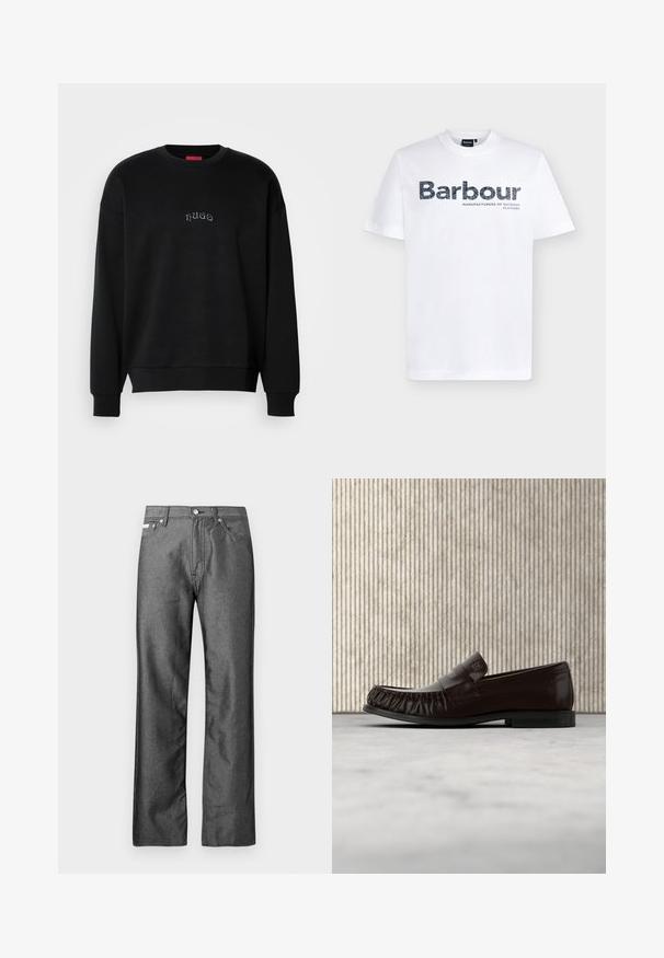 Sweatshirt noir à manches longues et col rond avec un texte "hugo" centré en bleu clair sur la poitrine, poignets et ourlet côtelés.; T-shirt blanc à manches courtes et col rond avec le logo « Barbour » et le texte « Manufacturers of Outdoor Clothing » imprimés sur le devant.; Jean en denim gris avec une coupe droite, cinq poches, et des accents en boutons métalliques et rivets. Présente une texture subtile.; Mocassin en cuir marron foncé avec des détails cousus, flottant au-dessus d'un tapis beige, avec une table ronde brillante de couleur ambre en arrière-plan.