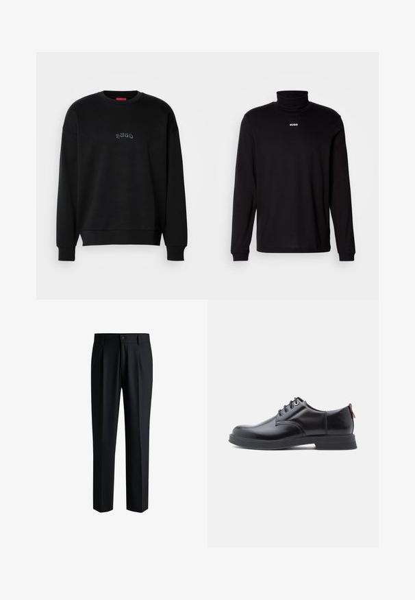 Zwarte lange mouw crewneck sweatshirt met kleine, centraal geplaatste "hugo" tekst in lichtblauw op de borst, geribbelde manchetten en zoom.; Zwarte turtleneckshirt met lange mouwen, gemaakt van soepel materiaal, met een witte "HUGO" logo op de borst, en met aansluitende manchetten en zoom.; Zwarte broek van gladde stof, met een rechte pijpdesign, plooien aan de voorkant en een knoopsluiting met riemlussen.; Zwarte leren veter schoenen met een gladde textuur, ronde neus en subtiel stiksel detail. Voorzien van een rode trekband op de hiel.