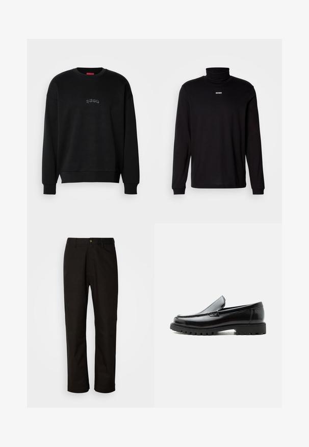 Sort langærmet sweatshirt med rund hals, med små centrerede "hugo"-tekst i lys blå på brystet, ribbede manchetter og kant.; Sort langærmet turtleneck skjorte lavet af glat stof, med et hvidt "HUGO" logo på brystet, samt tætsiddende manchetter og kant.; Sorte bomuldsbukser med lige pasform, bæltestropper, lynlås foran og en enkelt knappelukning. Glat tekstur uden synlige mønstre.; Sort læderloafer med chunky gummisål, syet overdel og præget mærkenavn på hælen, vist i sideprofil på hvid baggrund.