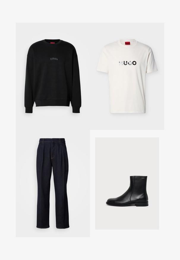 Zwarte lange mouw crewneck sweatshirt met kleine, centraal geplaatste "hugo" tekst in lichtblauw op de borst, geribbelde manchetten en zoom.; Wit T-shirt met korte mouwen en ronde hals, voorzien van een reflecterend "HUGO"-logo in het midden van de borst.; Donkerblauwe denim jeans met wijde pijpen, inclusief voorplooien en oranje stiksels, weergegeven op een witte achtergrond.; Zwarte gladde lederen enkellaars met lage hak en zijrits, gelabeld Hugo vlak bij de bovenrand.