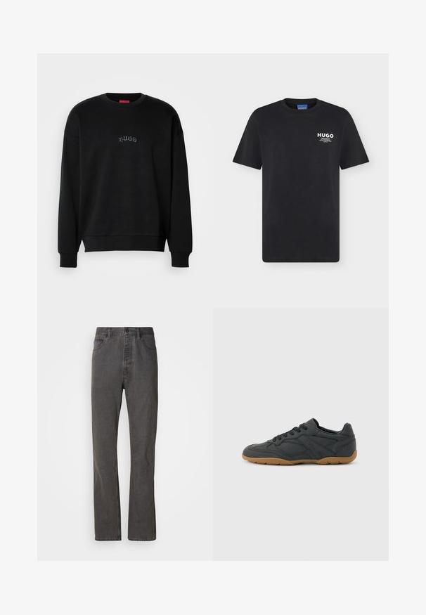 Zwarte lange mouw crewneck sweatshirt met kleine, centraal geplaatste "hugo" tekst in lichtblauw op de borst, geribbelde manchetten en zoom.; Zwarte T-shirt met korte mouwen en ronde hals met klein wit "HUGO" logo en tekst op de linker bovenborst.; Grijze spijkerbroek met een rechte pijp, voorzien van voorzakken, een knoopsluiting en een subtiele textuur.; Lage zwarte sneaker met beige rubberen zool, zijveters en subtiel geperst merkteken aan de zijkant, afgebeeld tegen een effen achtergrond.