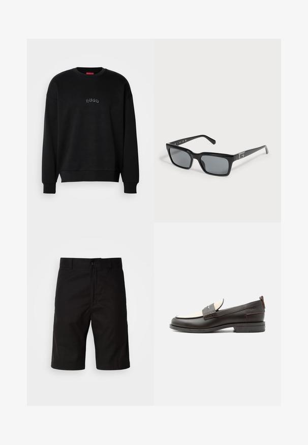 Schwarzes Langarmcrewneck-Sweatshirt mit kleinem, zentriertem "hugo"-Text in Hellblau auf der Brust, mit gerippten Bündchen und Saum.; Schwarze Shorts aus festem Stoff, mit geradem Schnitt, Knopfverschluss und glatter Textur ohne sichtbare Muster.; Dunkelbrauner Herrenschuh aus Leder mit cremefarbenem Stoffpaneel und klassischem, genähtem Riemendetail, flacher Sohle und Zuglasche an der Ferse.; Schwarze rechteckige Sonnenbrille mit dunklen Gläsern und silbernem G-Logo an den Bügeln, auf einer hellen Oberfläche liegend.