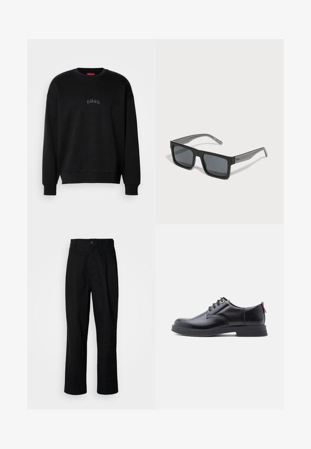 Schwarzes Langarmcrewneck-Sweatshirt mit kleinem, zentriertem "hugo"-Text in Hellblau auf der Brust, mit gerippten Bündchen und Saum.; Schwarze gerade geschnittene Hosen mit einem Knopfverschluss, Gürtelschlaufen und Vorderfalten, vor einem schlichten weißen Hintergrund präsentiert.; Schwarze Leder-Schnürschuhe mit glatter Textur, rundem Zehenbereich und dezenten Ziernähten. Mit einem roten Laschenband an der Ferse.; HUGO Sonnenbrille - black