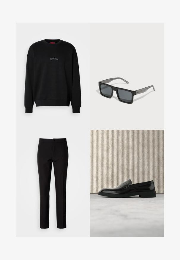Sort langærmet sweatshirt med rund hals, med små centrerede "hugo"-tekst i lys blå på brystet, ribbede manchetter og kant.; Sorte bukser lavet af glat stof, med lige ben, lukkes med knapper foran og har diskrete sidelommer. Enkelt og skræddersyet udseende.; Sort poleret læderloafer flydende over beige tæppe med orange gennemsigtigt møbel i baggrunden.; HUGO Solbriller - black