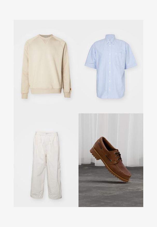 Sweatshirt beige en coton doux mélangé, avec des poignets et un ourlet côtelés, des manches raglan, et un petit logo métallique sur la manche gauche.; Chemise à manches courtes bleu clair en tissu coton. Dotée d'un col et d'une poche avant. Design simple et uni.; Pantalons larges en coton blanc avec une taille élastique, dotés d'une fermeture à bouton sur le devant et de poches latérales. Texture lisse et design minimaliste.; Chaussure de bateau en cuir marron avec des lacets noirs, des coutures beiges et une semelle robuste, suspendue au-dessus d'un sol en béton gris.