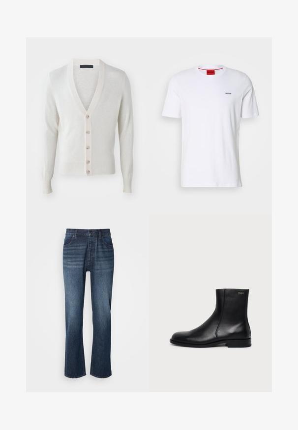 Cárdigan de cuello en V en suave tejido color crema claro. Presenta seis botones en la parte delantera, puños y dobladillo acanalados. Textura suave, diseño ajustado.; Camiseta de algodón blanca de mangas cortas, con un escote redondo y pequeño logo negro "HUGO" en el lado izquierdo del pecho. Presenta una etiqueta en el cuello interior de color rojo.; Jeans de denim con un diseño de pierna recta, lavado medio, estilo de cinco bolsillos y cierre de botón. La tela tiene una textura suave con un leve desteñido.; Botín negro de cuero con tacón bajo, costura lateral y pequeño logo "HUGO" en el puño superior sobre un fondo liso.
