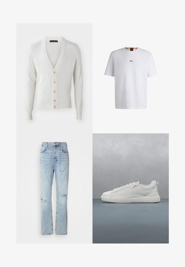 V-Ausschnitt-Cardigan aus weichem, hellcremigem Stoff. Mit sechs Knöpfen vorne, gerippten Bündchen und Saum. Glatte Textur, taillierte Passform.; Weißes Baumwoll-T-Shirt mit kurzen Ärmeln, ausgestattet mit einem schwarzen "BOSS"-Logo, das mittig auf der Brust platziert ist, und einem runden Halsausschnitt.; Hellblaue Jeans mit legerer Passform, featuring distressed Stellen und fransigen Kanten. Der Stoff hat eine weiche, glatte Textur.; Weiße Sneaker aus glattem Leder, runde Spitze, vier Ösen, dezente Perforationen und ein rotes Logodetail an der Seite.