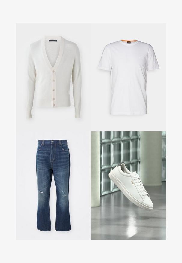 V-Ausschnitt-Cardigan aus weichem, hellcremigem Stoff. Mit sechs Knöpfen vorne, gerippten Bündchen und Saum. Glatte Textur, taillierte Passform.; Weißes Baumwoll-T-Shirt mit Rundhalsausschnitt, kurzen Ärmeln und einem dezenten geprägten Logo auf der Brust. Das Innenschild hat einen orangefarbenen Akzent.; Blaue Jeans im Schlagstil mit leichter Abnutzung an beiden Knien und einem Knopfverschluss an der Taille, vor einem weißen Hintergrund präsentiert.; Weißer Leder-Low-Top-Sneaker mit Schnürsenkeln, schwarzer Fersenschlaufe und „BOSS“-Logo, der drinnen nahe einer Glassteinwand und einem polierten Boden schwebt.
