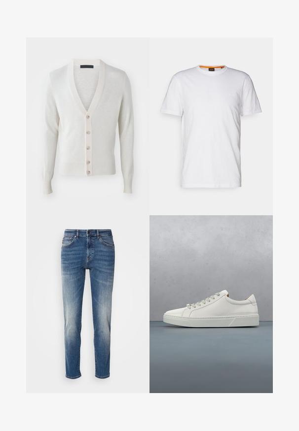 Cárdigan de cuello en V en suave tejido color crema claro. Presenta seis botones en la parte delantera, puños y dobladillo acanalados. Textura suave, diseño ajustado.; Camiseta de algodón blanca con cuello redondo, mangas cortas y un sutil logo en relieve en el pecho. La etiqueta interior tiene un acento naranja.; Jeans de mezclilla azul con un diseño de pierna recta, ligero desgastado, estilo clásico de cinco bolsillos y cierre de cremallera con botón.; Zapatilla blanca de cuero con punta redondeada, diseño minimalista, cordones grises y suela de goma texturizada gris. Detalles de costura sutiles visibles.