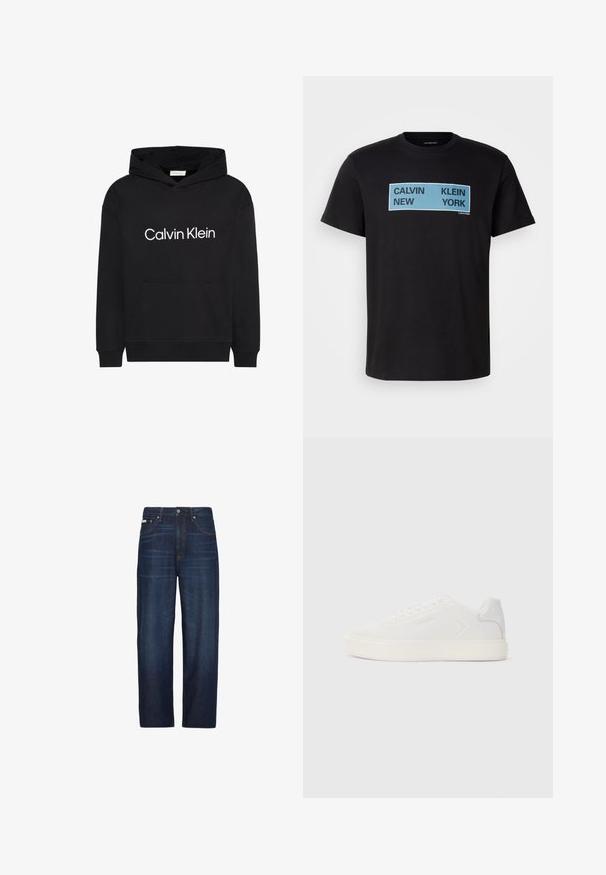 Sort hættetrøje med frontlomme og hvidt "Calvin Klein"-logo centreret på brystet, med snøretrækshætte og lange ærmer.; Sort bomulds T-shirt med fed blå og sort tekst: "CALVIN NEW KLEIN YORK" på forsiden. Klassisk crew neck design, korte ærmer.; Mørkeblå jeans med lige ben, forlommer, bæltestropper, knappelukning og subtil falmning på lårene.; Hvid sneaker med glat syntetisk overdel, rund tå og flad hvid sål. Har tonale syninger og minimal branding på siden.