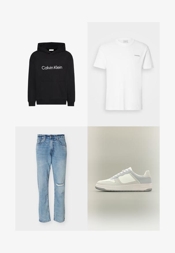 Must kapuutsiga dressipluus ees tasku ja valge "Calvin Klein" logo rinnal keskel, kapuutsi paelaga ning pikkade varrukatega.; Valge puuvillasest T-särk lühikäistega ja ümarkaelusega. Vasakul rinnal on väike must "Calvin Klein" logo.; Heledasinised sirgete säärega teksad kõrge talje ja rebitud plaastriga paremal põlvel, esitaskute ja nööpidega kinnitusega.; Madalad valged ja heledat halli tooni tossud, millel on aukudega varvaste osa, paelalgus ja tekstureeritud kummist tallad ning neutraalse taustaga.