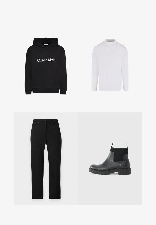 Must kapuutsiga dressipluus ees tasku ja valge "Calvin Klein" logo rinnal keskel, kapuutsi paelaga ning pikkade varrukatega.; Pikad varrukad, valge turtleneck-särk, mis on valmistatud pehmest puuvillast kangast. Särk on keha järgiv disainiga ja sileda tekstuuriga, sobib ideaalselt kihitamiseks.; Mustad teksased otsejoone disainiga, viis taskut, hõbedased nupud ja neetide aktsendid ning sile tekstuur.; Mustad mustadest kummist ankle'ide saapad, millel on matt viimistlus, sujuv disain, elastsed paneelid ja paks tald, mis tagab haarduvuse.