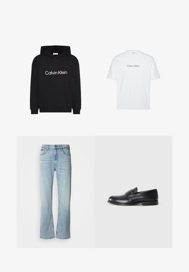 Zwarte hoodie met voorzak en wit "Calvin Klein"-logo gecentreerd op de borst, met capuchon met trekkoord en lange mouwen.; Wit katoenen t-shirt met korte mouwen. Voorzien van een ronde hals en een gedrukte "Calvin Klein"-logo in grijs over de borst.; Lichtblauwe denim jeans met een rechte pijp, voorzien van vijf zakken, een knoopsluiting en subtiele vervaging op de stof.; Zwarte leren instappers met een ronde neus, gestikte details en een vlakke rubberen zool. Heeft een brede band over de wreef.