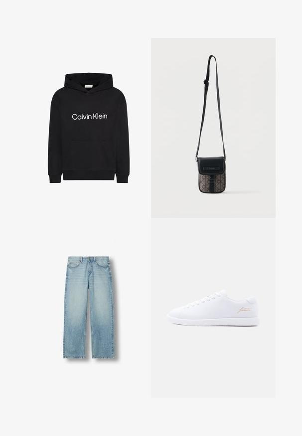 Zwarte hoodie met voorzak en wit "Calvin Klein"-logo gecentreerd op de borst, met capuchon met trekkoord en lange mouwen.; Lichtblauwe straight-leg spijkerbroek met vijf zakken en knoopsluiting, weergegeven tegen een witte achtergrond.; Witte lage sneaker met witte veters, een gestructureerde zool en een gouden "lacoste" schrift aan de zijkant tegen een neutrale achtergrond.; Kleine rechthoekige crossbodytas met zwarte klep, verstelbare band en een patroon op het lichaam met een herhalend logodesign.