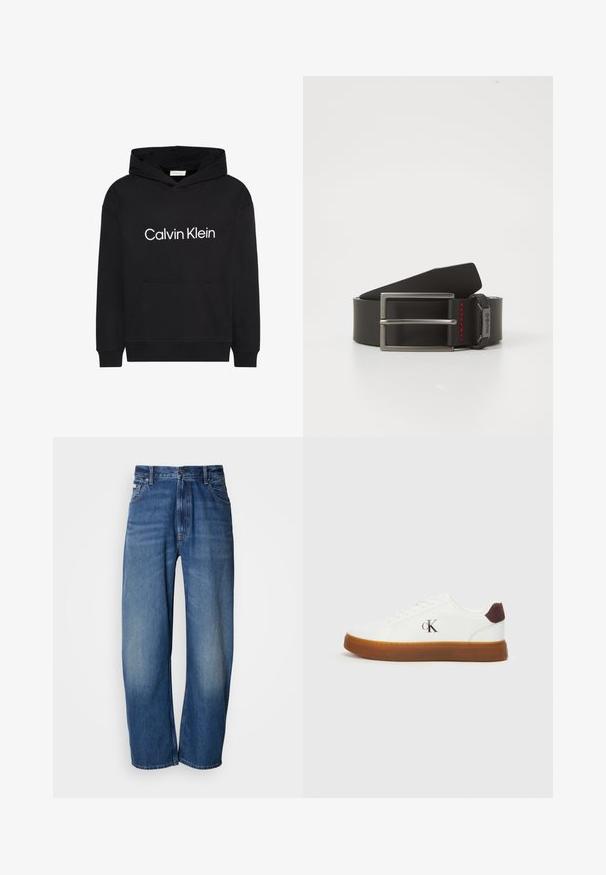 Zwarte hoodie met voorzak en wit "Calvin Klein"-logo gecentreerd op de borst, met capuchon met trekkoord en lange mouwen.; Wijde jeans van denim in een middelblauwe wassing. Voorzien van een ritsvlieger, vijf zakken en lichte vervaging voor een gedragen uitstraling. Klassieke stikdetails.; Witte sneakers met een rubberen gum zool, platte veters en een bruine suède hakaccent. Voorzien van een subtiele geperforeerde "cK" logo aan de zijkant.; Zwarte leren riem met een zilveren metalen gesp met een rood accentstiksel. De riem heeft een gladde afwerking en een rechthoekige vorm.