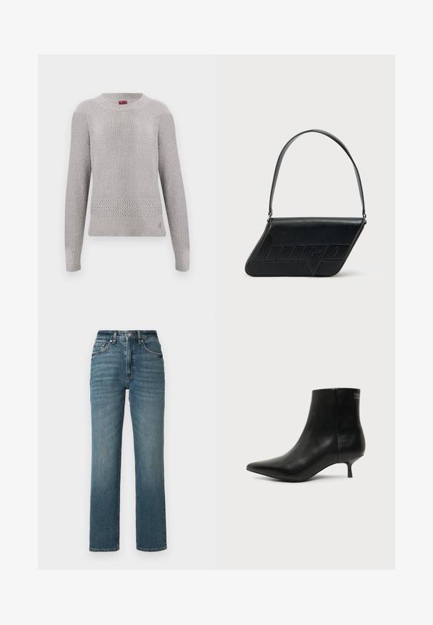 Pull gris clair avec un design en tricot texturé, doté d'un col rond et de manches longues. Motif tricoté détaillé à l'ourlet.; Jean droit taille haute en denim bleu, avec un léger effet délavé, cinq poches et une fermeture par bouton.; Bottine en cuir noir avec bout pointu et petit talon kitten sur fond clair, vue côté extérieur.; Sac d'épaule en cuir noir de forme triangulaire, avec un logo embossé et une seule bandoulière réglable. Design minimaliste avec une texture lisse.