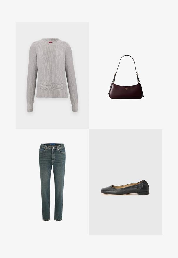 Pull gris clair avec un design en tricot texturé, doté d'un col rond et de manches longues. Motif tricoté détaillé à l'ourlet.; Jean en denim de couleur bleu foncé délavé, avec une coupe droite, cinq poches, et une taille avec passants de ceinture et une fermeture à bouton à l'avant.; Ballerines en cuir noir avec un bout arrondi et des coutures minimales. Talon bas et rectangulaire avec une texture lisse. Détails subtils de doublure intérieure.; Sac à main en cuir bordeaux foncé avec une fine sangle d'épaule noire et un petit logo doré "cK" au centre devant.
