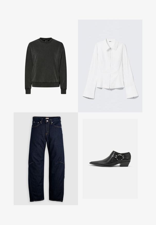 Donkergrijze sweatshirt met lange mouwen en ronde hals, voorzien van ribbelmanchetten en onderrand, weergegeven tegen een witte achtergrond.; Wit lang mouwen shirt met een kraag en een rits aan de voorkant. Heeft uitlopende manchetten en een gladde, katoenmengseltextuur.; Donkerblauwe denim jeans met een rechte pijp, voorzien van voor- en achterzakken en contrasterende gele stiksels. Geen zichtbare versieringen.; Zwarte leren enkellaarzen met een spitse neus, voorzien van een leren band aan de voorkant en een zilveren gesp detail, en een lage, blokhak.