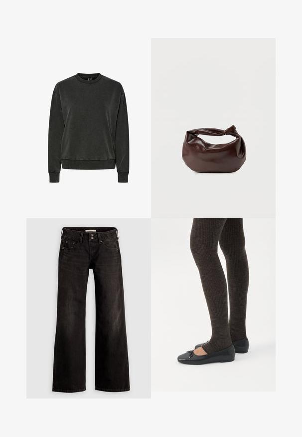 Sweatshirt à col rond à manches longues gris foncé avec des poignets et un ourlet côtelés, présenté sur un fond blanc.; Jean noir à jambes larges avec une finition légèrement délavée, comprenant des poches avant, une fermeture éclair et un bouton. Fabriqué en tissu denim.; Jambes portant des leggings côtelés foncés associés à des ballerines noires avec de petits détails en nœud sur fond blanc.; Sac bandoulière en cuir marron foncé avec une forme souple et décontractée et une anse nouée torsadée sur un fond blanc uni.