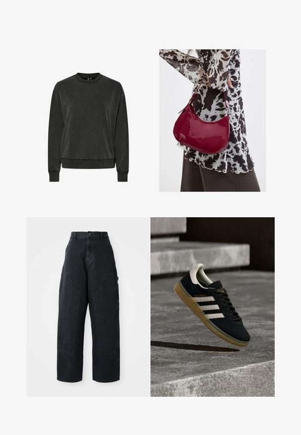 Sweatshirt à col rond à manches longues gris foncé avec des poignets et un ourlet côtelés, présenté sur un fond blanc.; Pantalons cargo larges en denim noir à taille haute, avec deux grandes poches avant et une fermeture à bouton à la taille. Texture lisse, design décontracté.; Baskets en daim noir avec des rayures blanches et un logo doré, dotées d'une semelle en caoutchouc gomme texturée et d'un languette de talon crème contrastante.; Femme portant un chemisier à motif noir et blanc tenant un sac à main rouge brillant sur un fond uni.