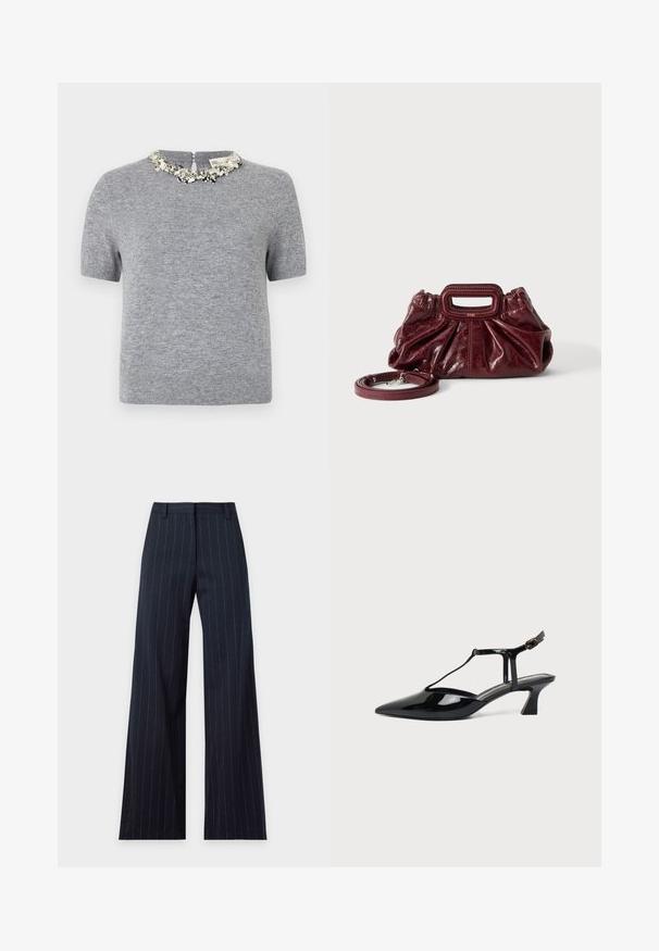 Pull en gris à manches courtes avec un tissu texturé. Présente un col orné de perles et une fermeture éclair au dos.; Pantalon large bleu marine avec fines rayures blanches verticales, passants de ceinture et fermeture éclair à l’avant.; Chaussure slingback en cuir verni noir à bout pointu avec bride en T et petit talon bloc incliné sur fond blanc.; Petit sac à main en cuir rouge foncé avec texture froncée, poignée rectangulaire découpée pour la main et bandoulière détachable sur fond blanc.