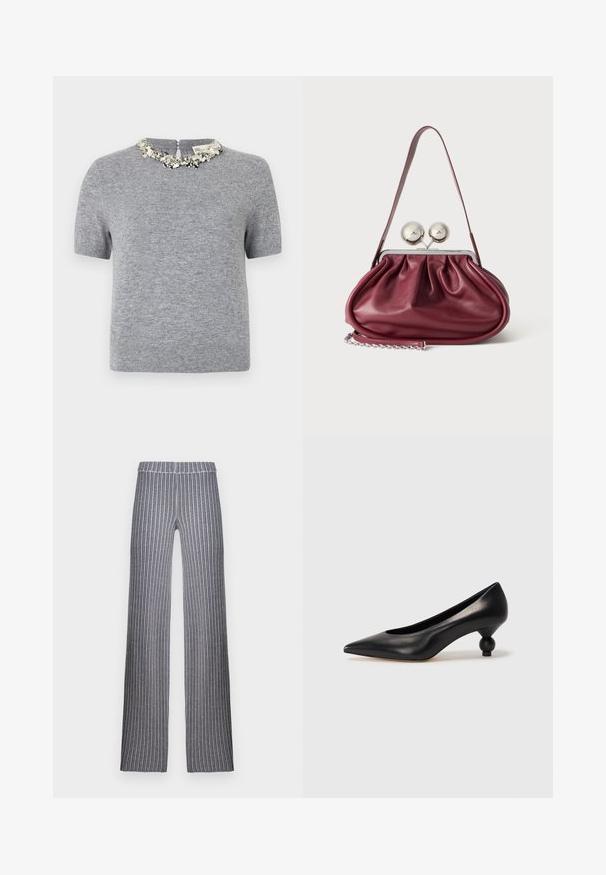 Pull en gris à manches courtes avec un tissu texturé. Présente un col orné de perles et une fermeture éclair au dos.; Pantalons à jambes larges avec un motif à rayures sombres comportant des lignes verticales en gris, bleu marine et blanc. Taille élastique et texture douce.; Chaussure à talon haut en cuir noir avec un bout pointu et un talon arrondi. Texture lisse avec un design épuré et minimal.; Petit sac à main en cuir bordeaux avec des détails froncés, une fine bandoulière et une fermeture argentée comportant deux gros boutons ronds.
