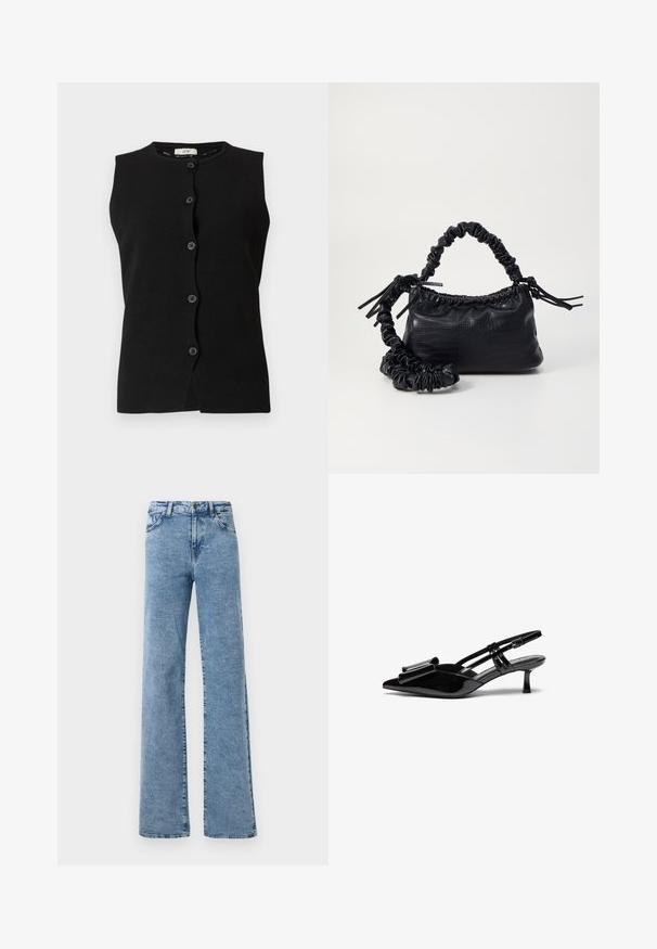 Zwarte mouwloze button-up vest met ronde halslijn en zes knopen aan de voorkant op een witte achtergrond.; Noisy May Straight fit NMYOLANDA - Wide leg - medium blue denim; Zwarte gepatineerde lederen slingback hakken met een puntige neus, een strikdetail aan de voorkant en een kleine stilettohak. De bandjes hebben verstelbare gespen.; Zwarte nepleer handtas met een krokodillenstructuur, opgedroogde bovenkant en een gekreukte hengsel. Het lijkt zacht en compact van ontwerp.